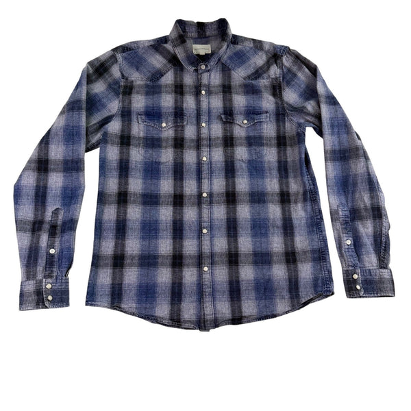 Lucky Brand Mens Blue Cotton Plaid Button-Up Western Shirt Front Pockets Size M