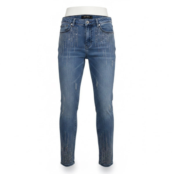 Be You Womens Blue Denim Embellished Distressed Skinny Jeans Size L