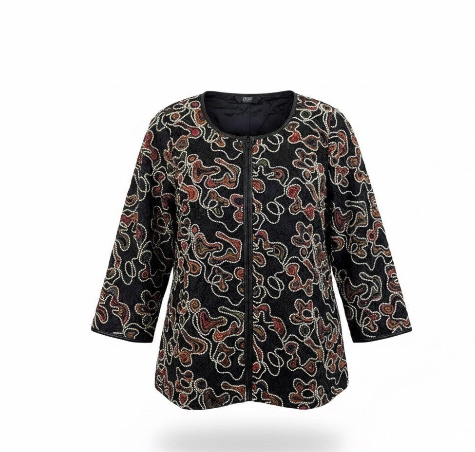 Dennis By Dennis Basso Womens Black Polyester Embroidered Jacket US Size 16