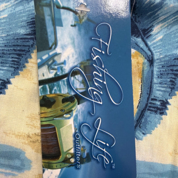 Fishing Life Mens Blue Hawaiian Fishing Shirt Short-Sleeve Casual Sz L