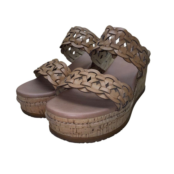 Baretraps Women’s Natural Leather Braided Strap Cork Wedge Sandals Size 11M