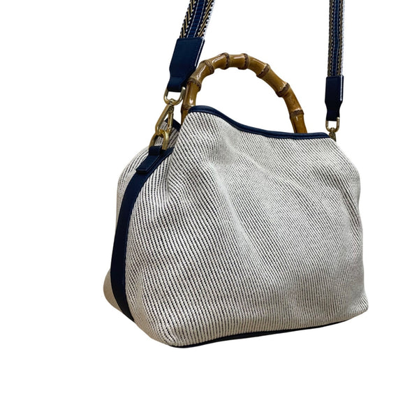 J.McLaughlin Women’s White & Blue Canvas Bamboo Handle Shoulder Bag