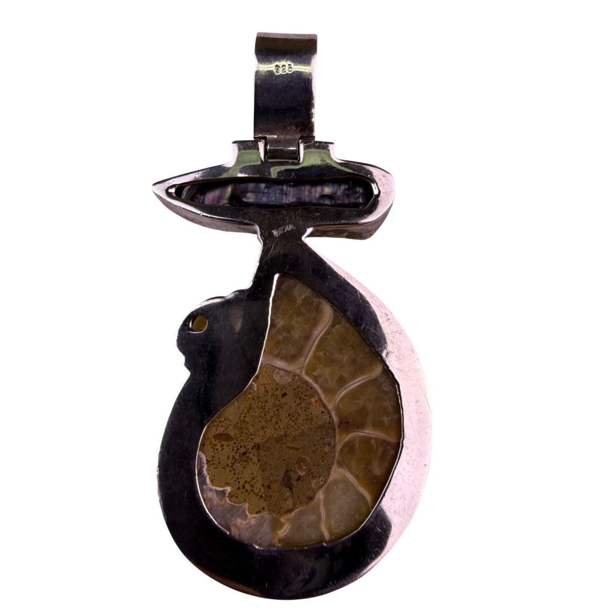 Sterling Silver 925 Womens Brown Fossil Ammonite Pendant With Gemstone & Pearl