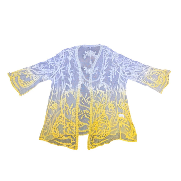 Nina Leonard Womens White & Yellow Lace Embroidered Open Front Topper Sz 2X