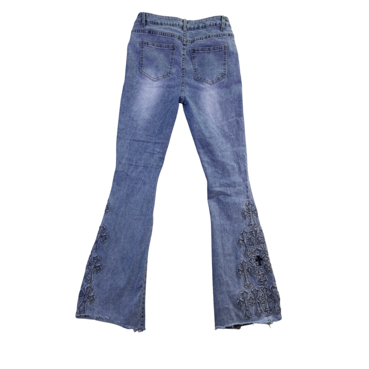 Bamboo Womens Blue Denim Embroidered Flare Jeans Raw Hem Size 7/28