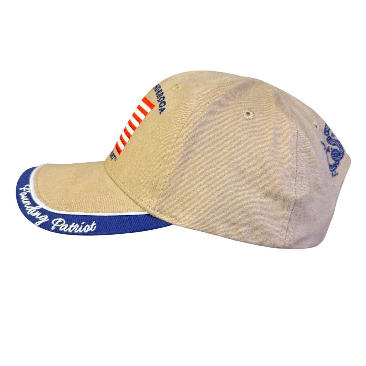 Fort Ticonderoga Founding Patriot Embroidered Khaki & Blue Baseball Cap