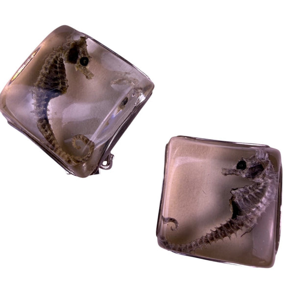 Vintage 1960 Silver Tone Women Seahorse Lucite Clip-On Earrings Unique Design