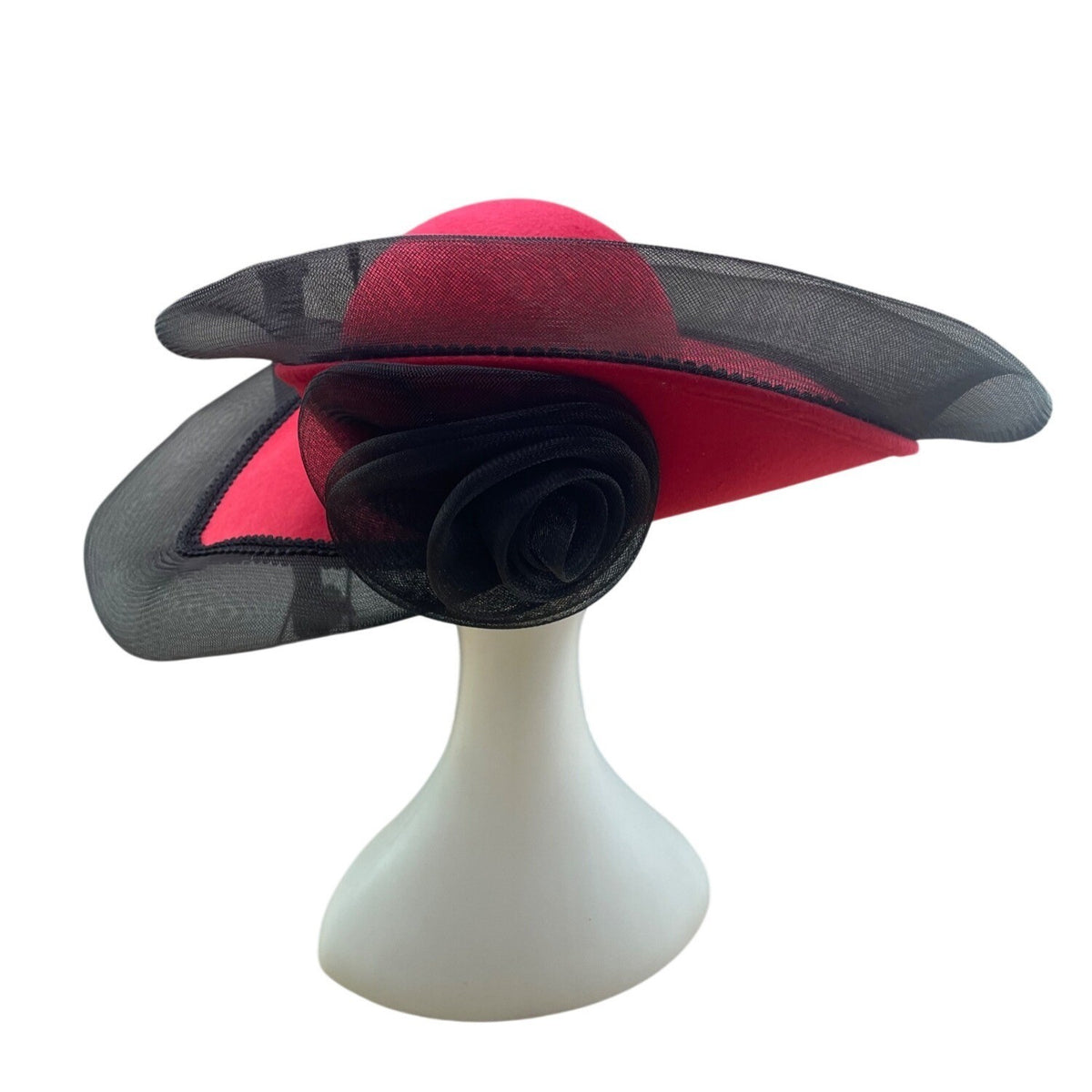 Wide Brim Red & Black Wool Fascinator Hat With Mesh Flower Detail Vintage Style