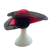 Wide Brim Red & Black Wool Fascinator Hat With Mesh Flower Detail Vintage Style