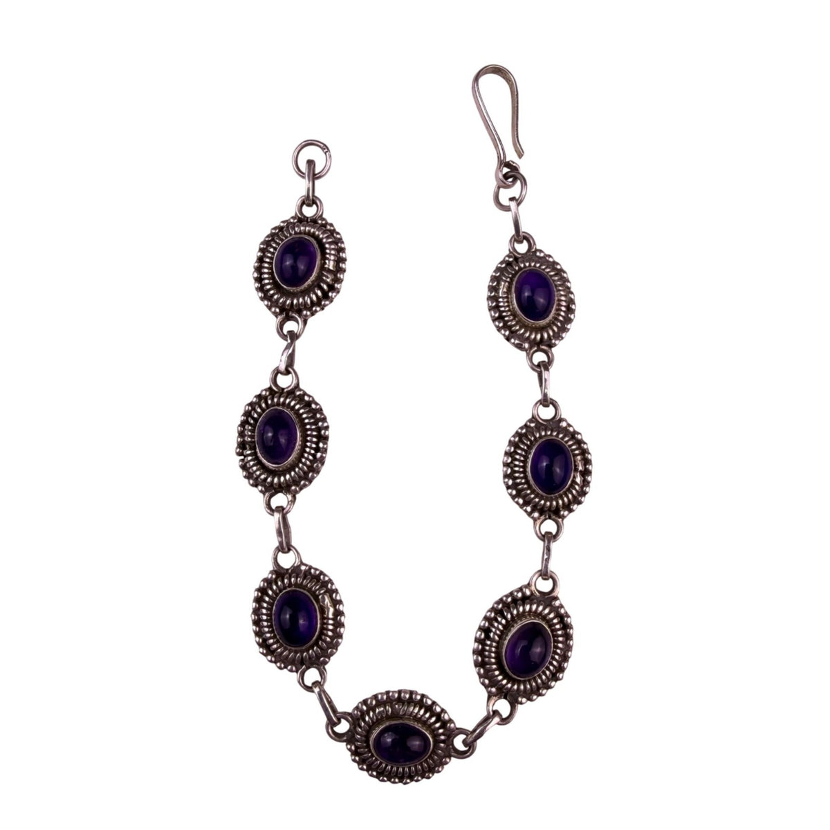 Sterling Silver 925 Womens Purple Amethyst Cabochon Bracelet Ornate Oval Bezels