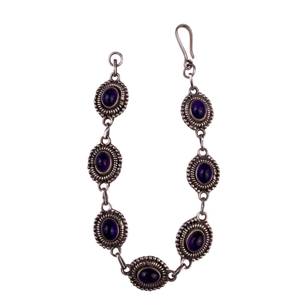 Sterling Silver 925 Womens Purple Amethyst Cabochon Bracelet Ornate Oval Bezels