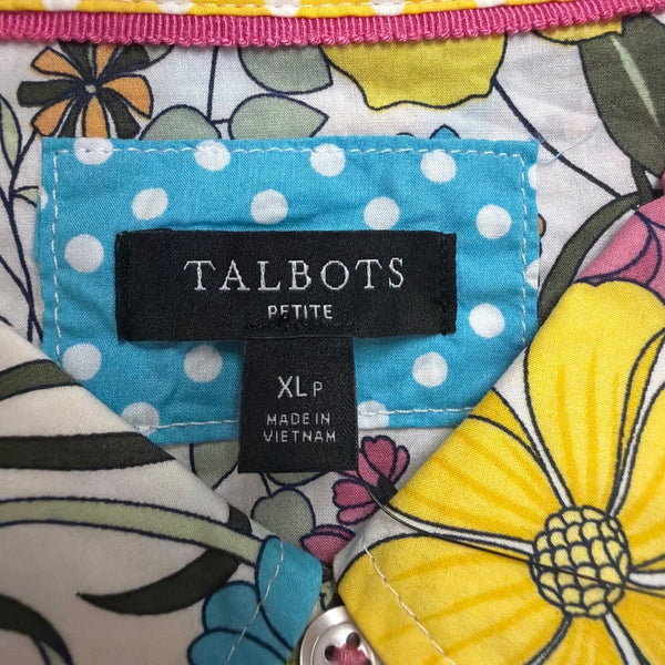 Talbots Petite Womens White Floral Button Front Long Sleeve Shirt Size PXL
