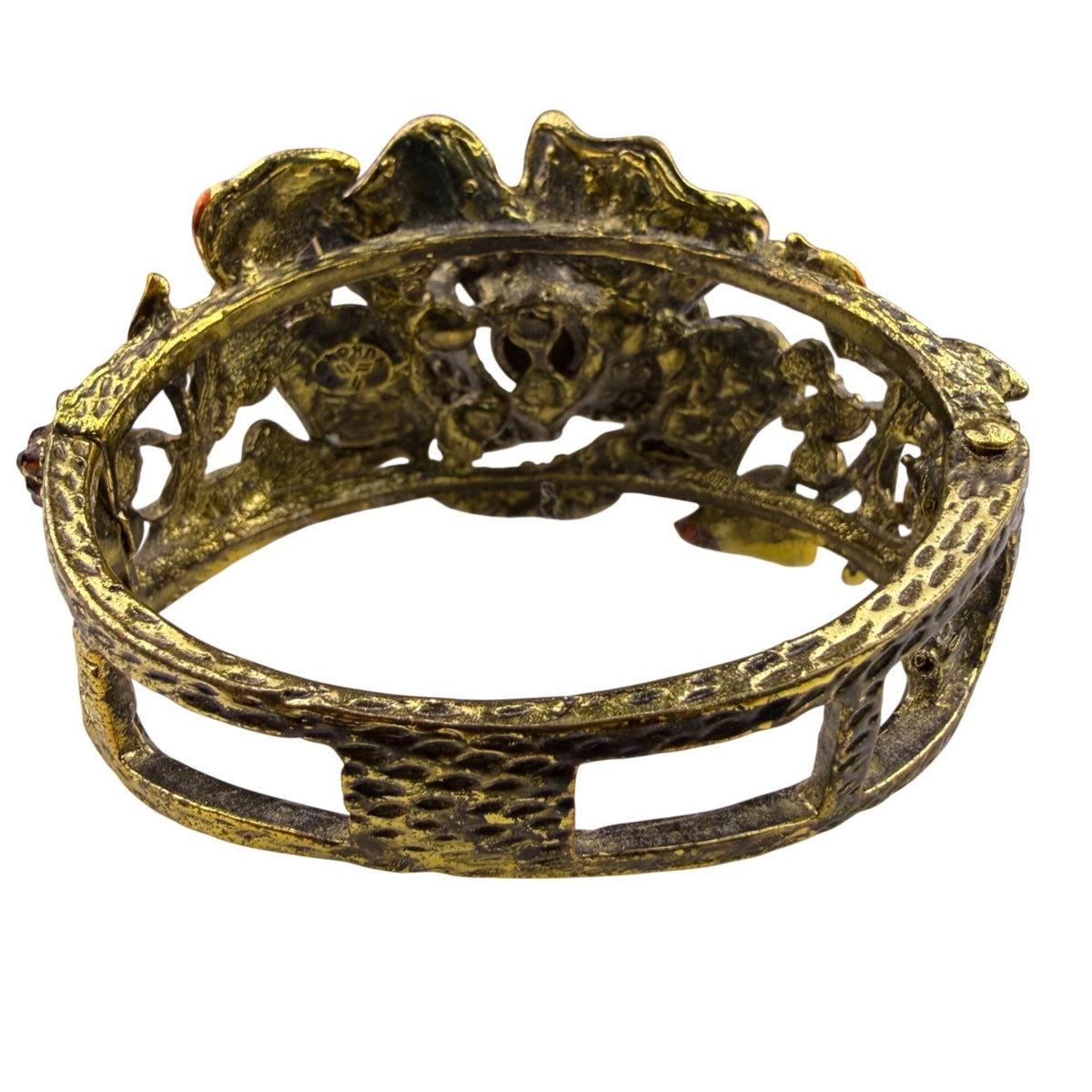 Antique-Style Gold Tone Rhinestone Hinged Floral Bracelet Gold & Brown Colors