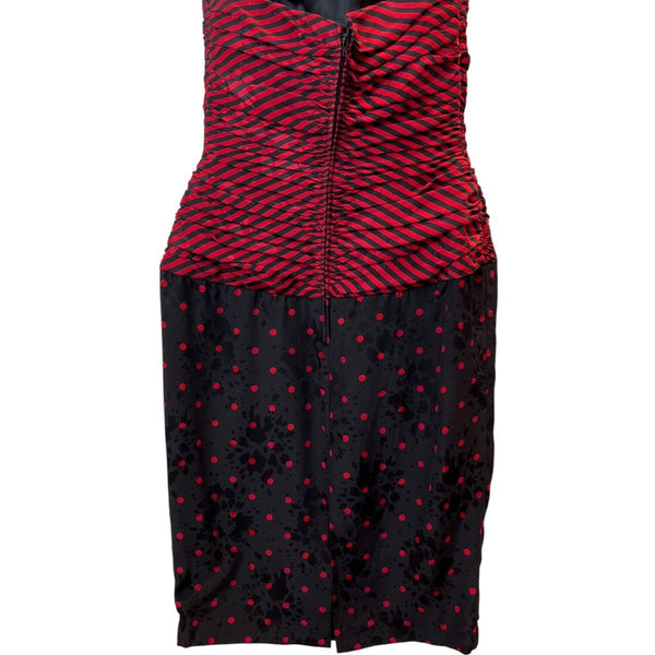 Vintage A.J. Bari Strapless Red & Black Striped Polka Dot Dress Size 4