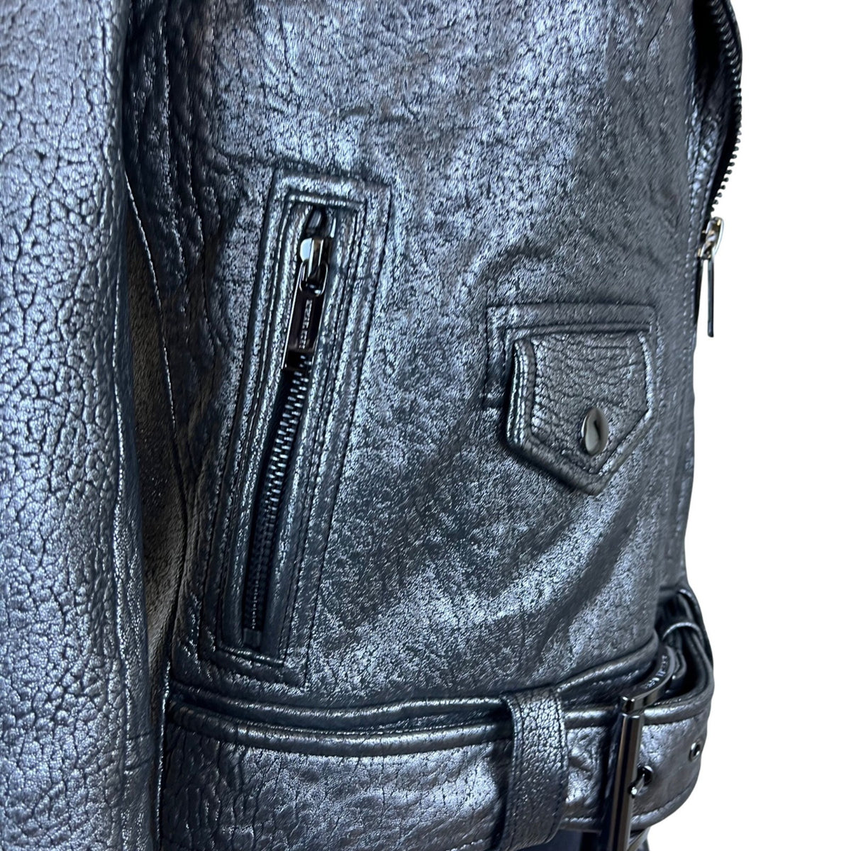 Michael Kors Silver Leather Moto Jacket Belted Zippers Stylish Modern Sz XXS