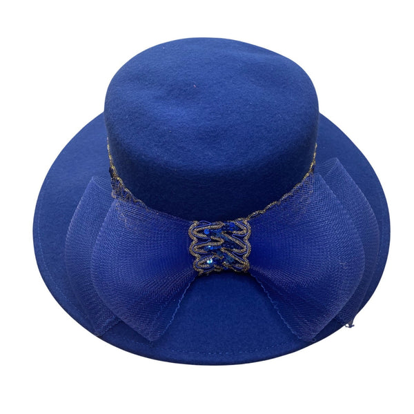 Glory II Womens Blue Wool Dress Hat With Decorative Band & Mesh Bow