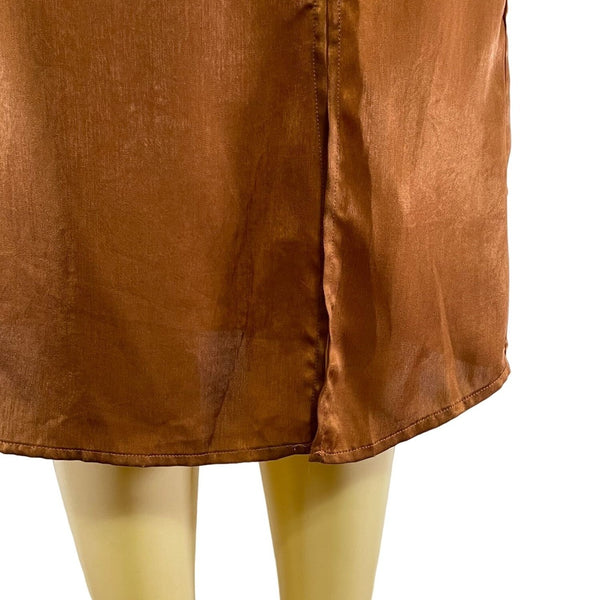 Brown Asymmetrical Satin Midi Dress With Adjustable Straps & Side-Zip Closure Ne