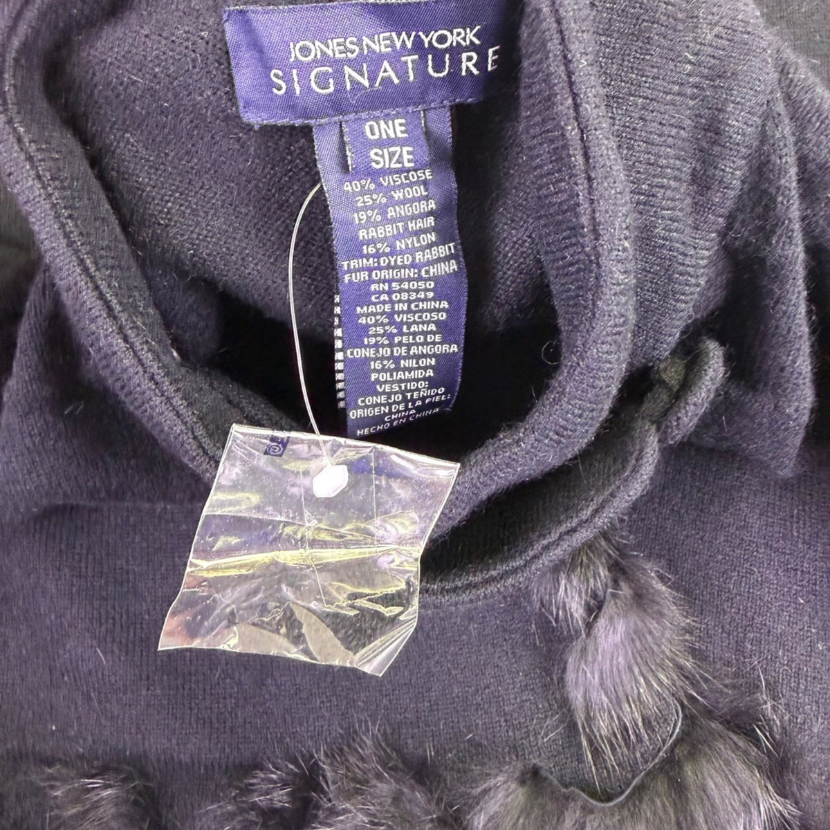Jones New York Womens Black Wool Blend Faux Fur Trim Poncho Cape One Size