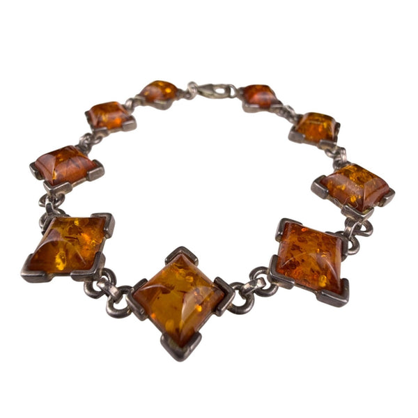 Vintage Amber & Silver Tone Bracelet With Matching Clip-On Earrings Set