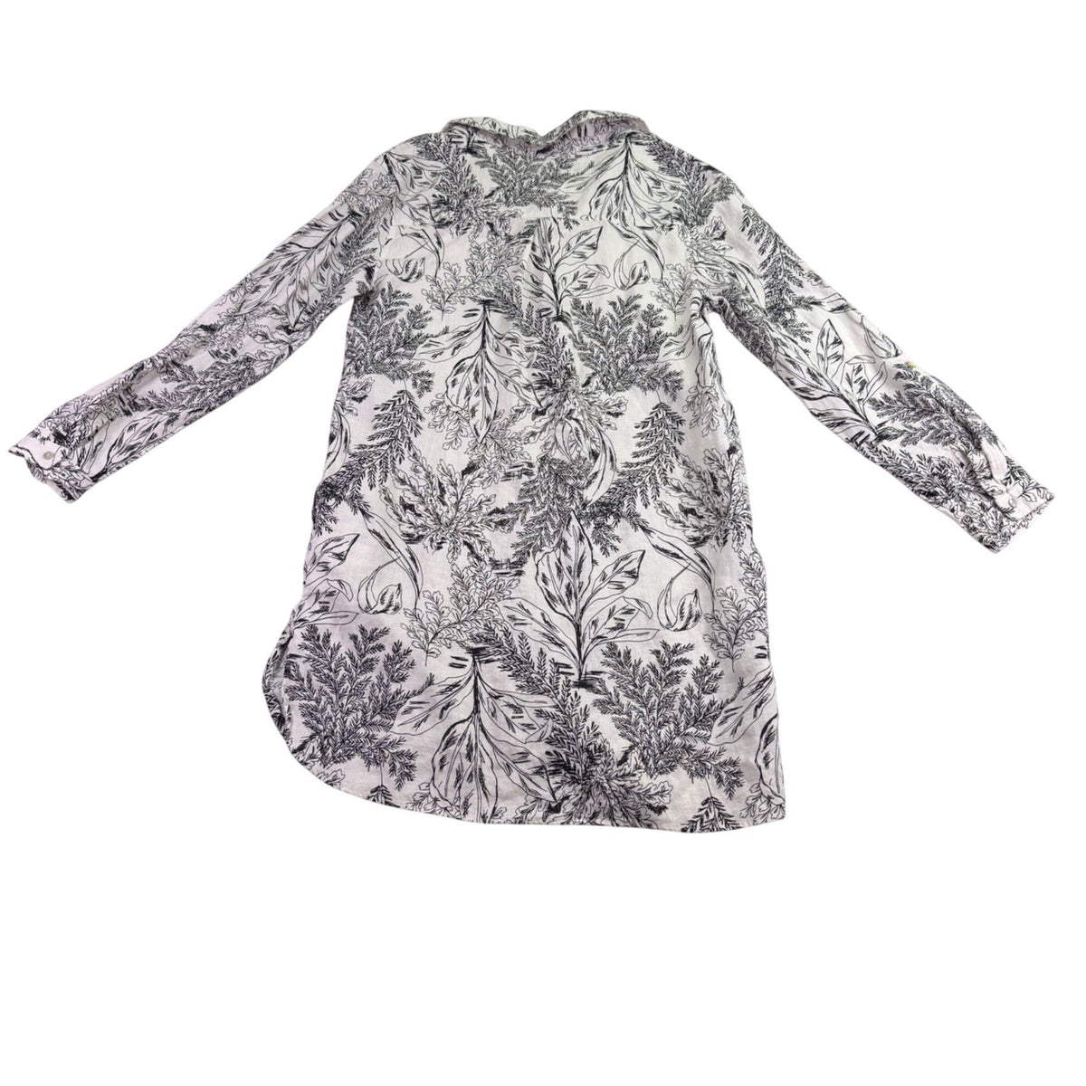 Tahari Womens Black/White Linen Long Sleeve Leaf Print Shirt Dress Sz M