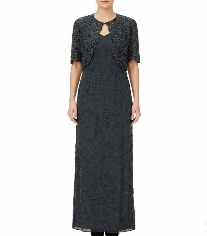 Sténay Womens Black Silk Beaded Evening Gown With Sheer Jacket  Elegant Size 20