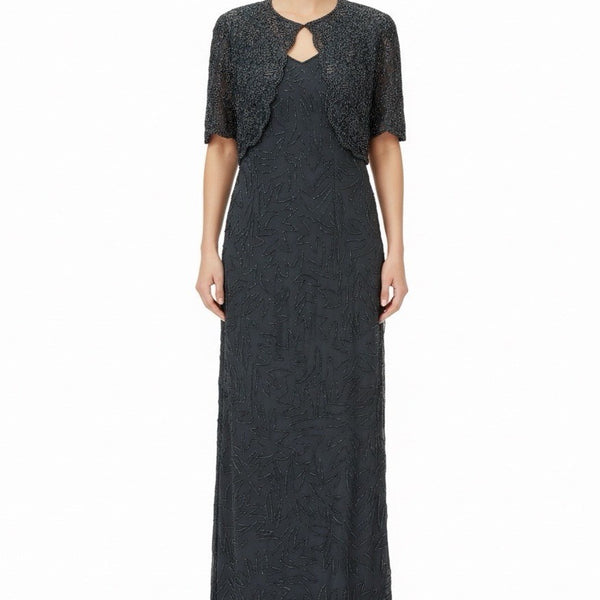 Sténay Womens Black Silk Beaded Evening Gown With Sheer Jacket  Elegant Size 20