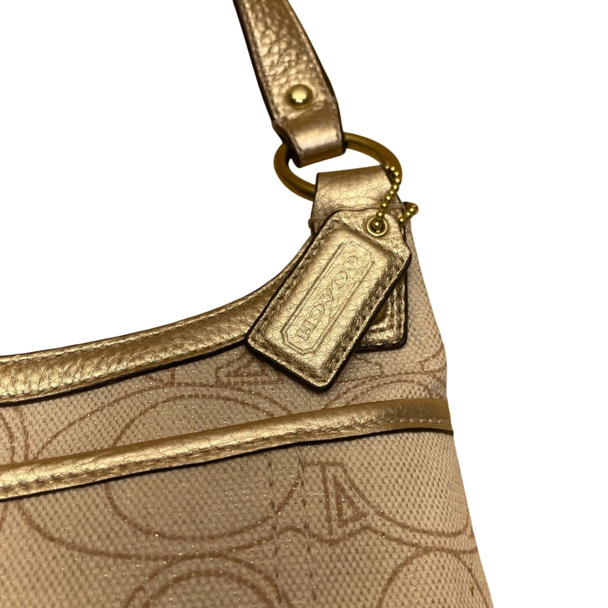 Coach Women’s Gold Signature Jacquard Leather Trim Adjustable Strap Shoulder Bag