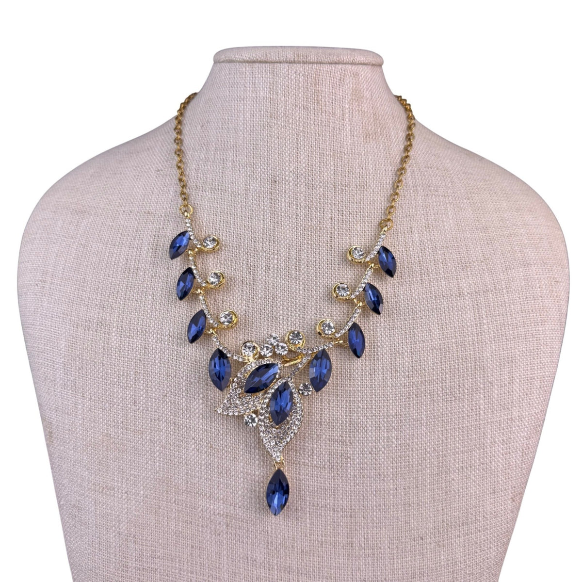Gold Tone Womens Blue Rhinestone Necklace Statement Jewelry