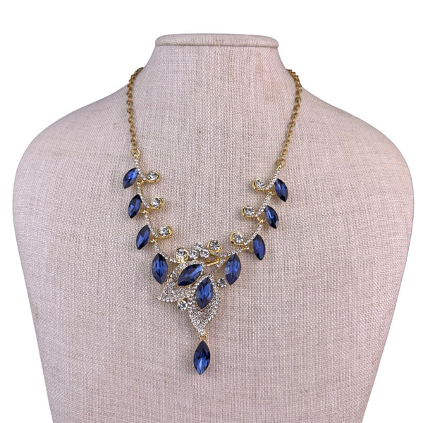 Gold Tone Womens Blue Rhinestone Necklace Statement Jewelry