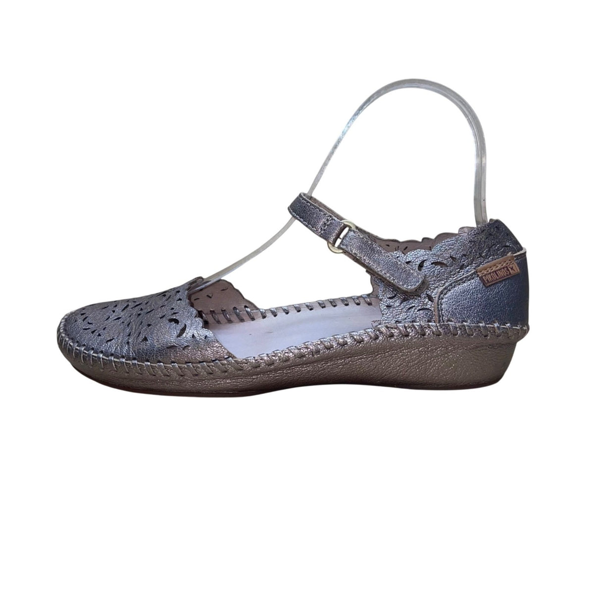 Pikolinos Women’s Silver Metallic Leather Cutout Design Mary Jane Shoes Size 39