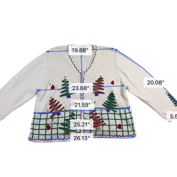 Studio Joy Womens White Holiday Cardigan Embellished Trees Design Sz 3X