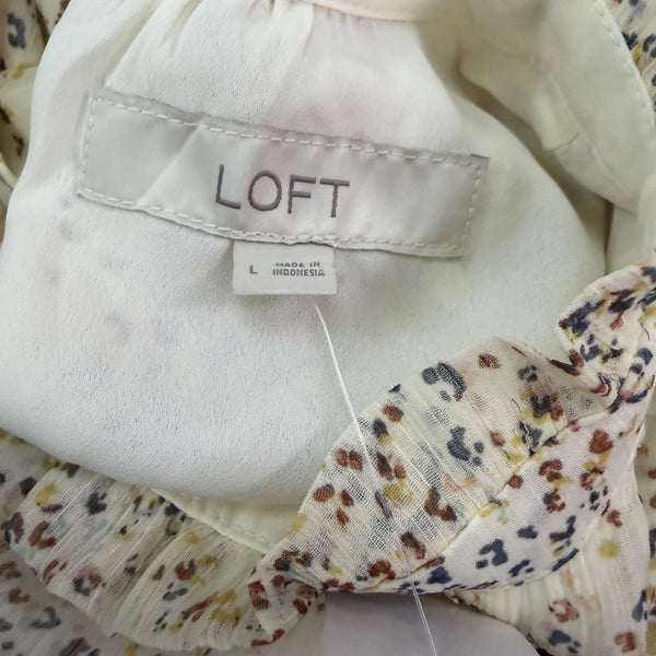 Loft Women’s Ivory Multicolor Polyester Ruffle Sleeveless Blouse Size L - New