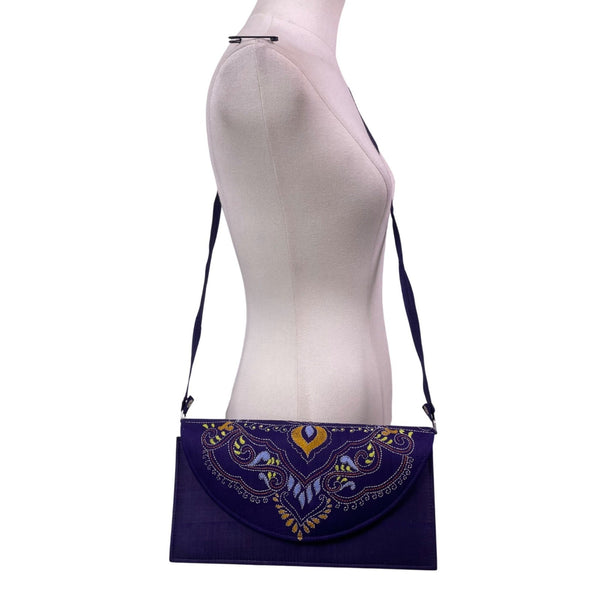Embroidered Shoulder Bag Women Blue Fabric Fold-Over Clutch Adjustable Strap