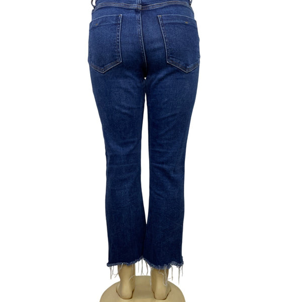 Zara Women's Navy High-Rise Cropped Bootcut Jeans With Frayed Hem Sz M