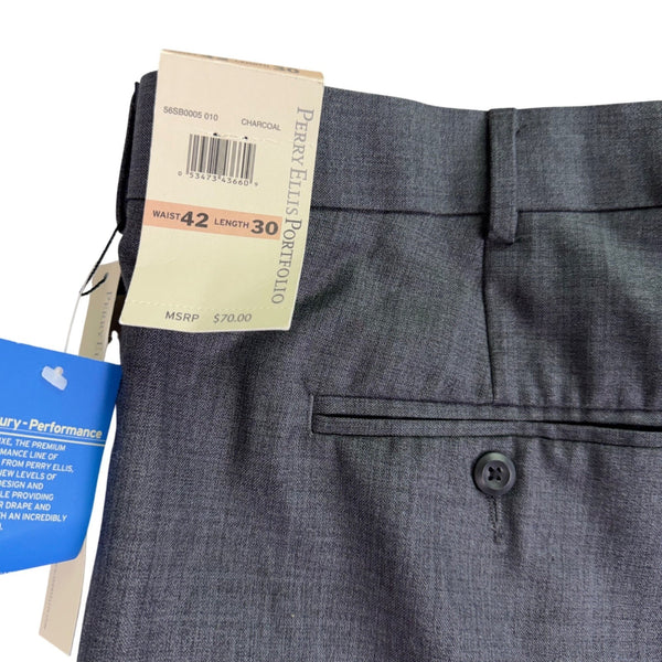 Perry Ellis Portfolio Mens Charcoal Dress Pants Pleated Cuffed Size 42/30 - New