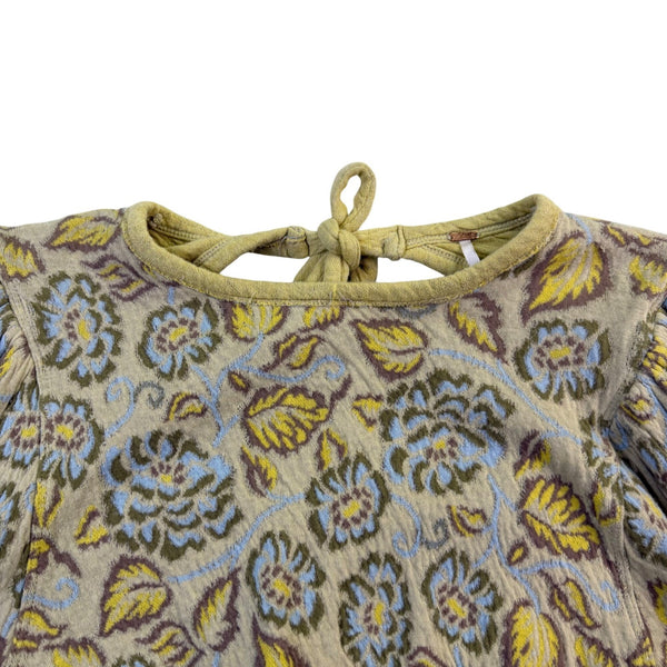 Free People Womens Yellow & Blue Cotton Floral Puff Sleeve Cropped Top Sz XS