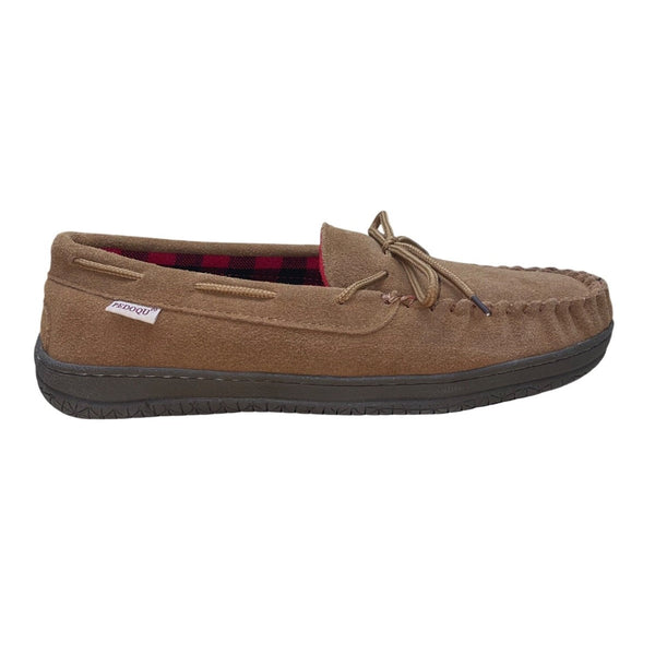 Pedoqu Men’s Brown Suede Red Plaid Flannel Lining Moccasin Slippers Size 9US