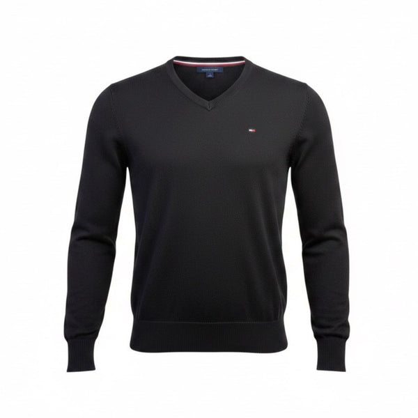 Tommy Hilfiger Mens Black V-Neck Premium Cotton Sweater  Casual Wear Size M