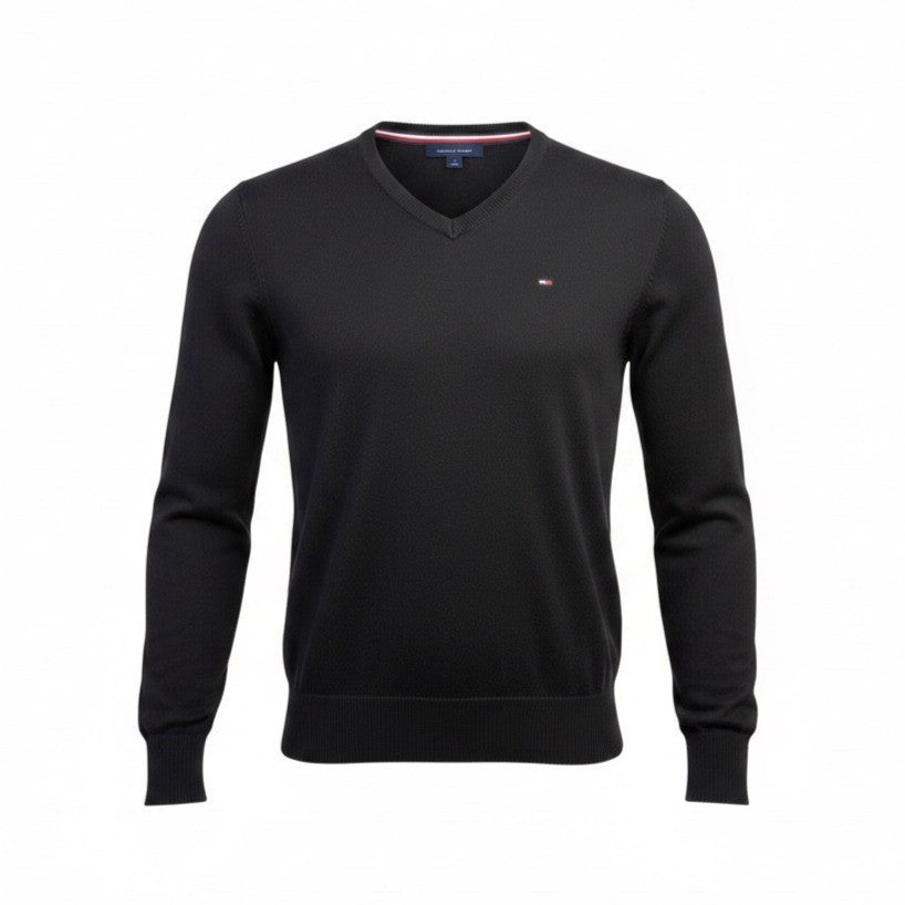 Tommy Hilfiger Mens Black V-Neck Premium Cotton Sweater  Casual Wear Size M