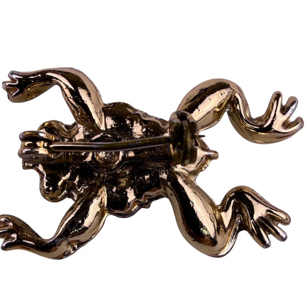 Gold Tone Womens Frog Brooch White Faux Pearl & Green Gem Rhinestone Accents