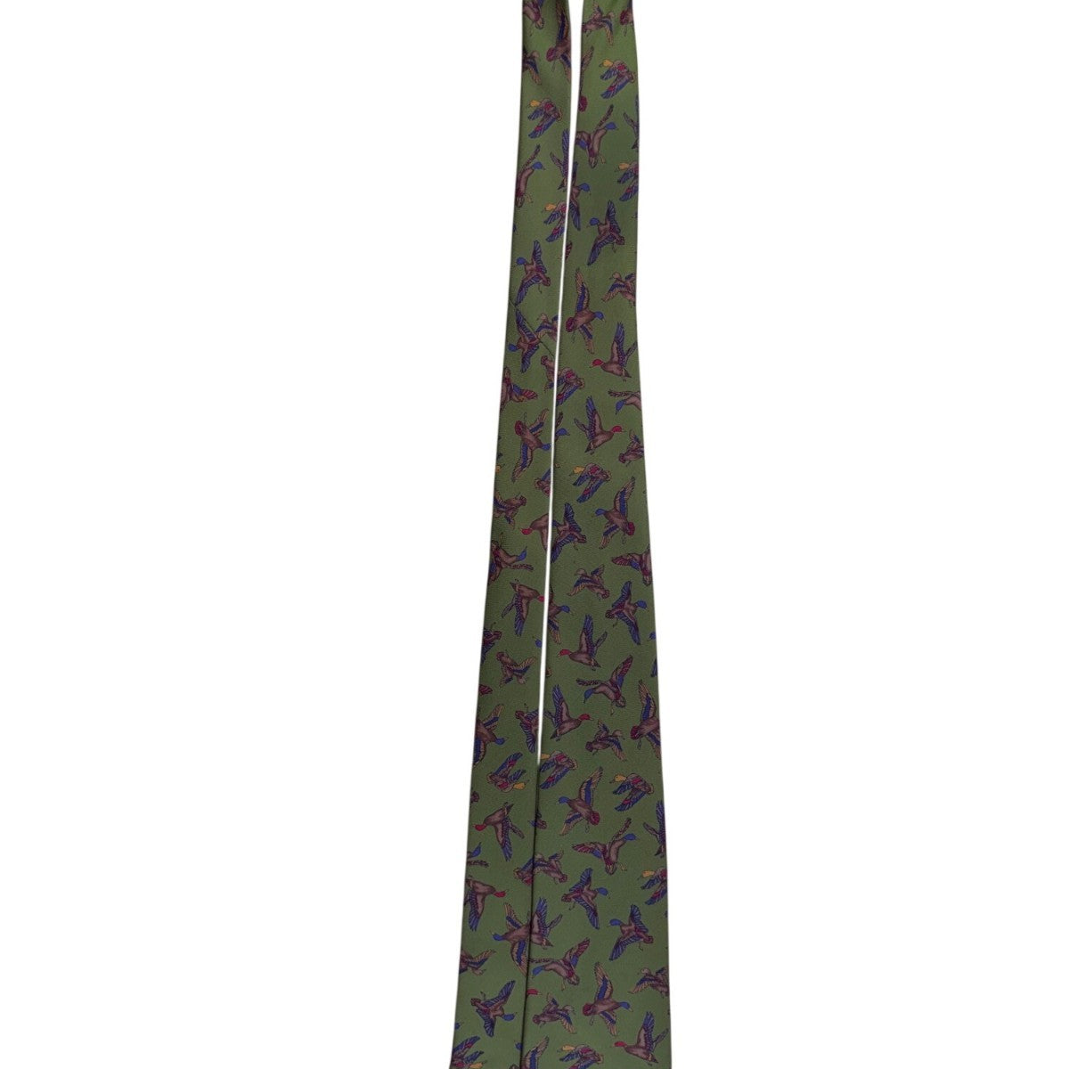 Ferragamo Mens Green Silk Tie Mallard Duck Animal Print Made In Italy