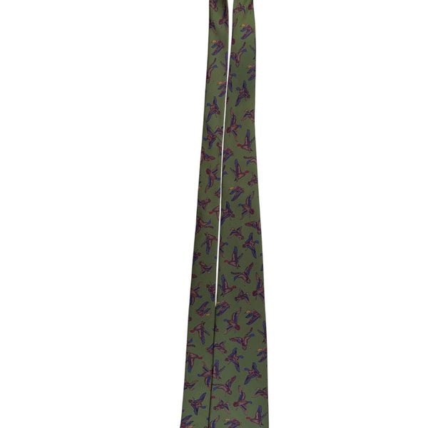 Ferragamo Mens Green Silk Tie Mallard Duck Animal Print Made In Italy