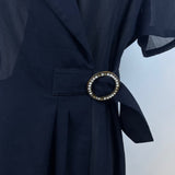 Hongxiang Clothing Black Wrap Sheer Short Sleeve Mid-Length Belted Dress