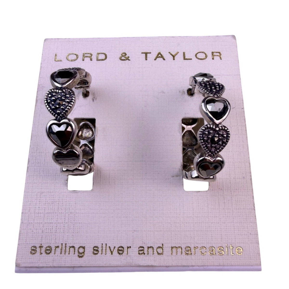 Lord & Taylor Womens Sterling Silver Heart Hoop Earrings Marcasite