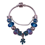 Silver Tone Womens Blue Glass Bead & Enamel Flower Charm Bracelet 