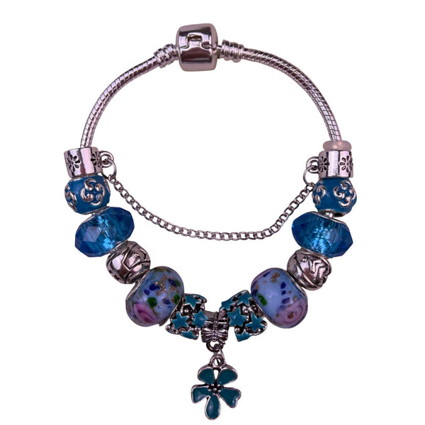 Silver Tone Womens Blue Glass Bead & Enamel Flower Charm Bracelet 