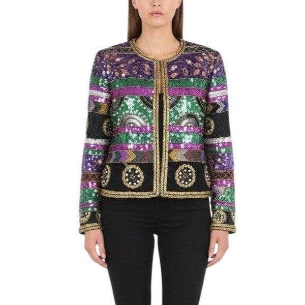Swee Lo Womens Multicolor Sequin Beaded Open Front Jacket  Embellished Sz S