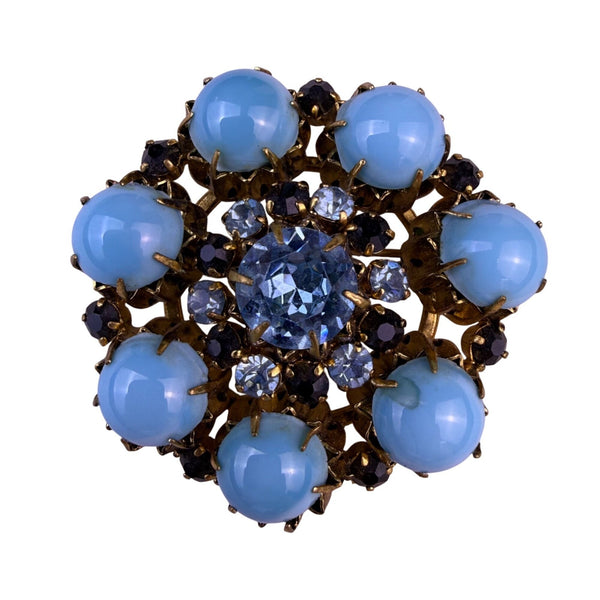 Vintage Austrian Womens Gold Tone Rhinestone & Blue Cabochon Brooch Round Shape