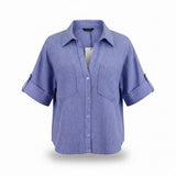Zara Womens Blue Linen-Blend Collared Button-Up Short Sleeve Shirt Size XS