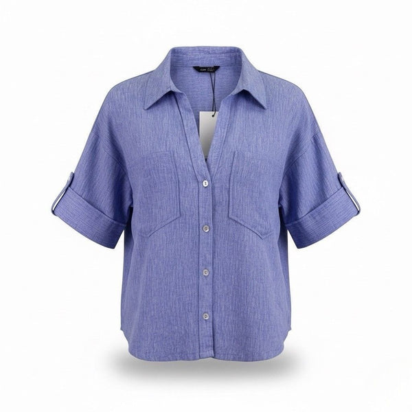 Zara Womens Blue Linen-Blend Collared Button-Up Short Sleeve Shirt Size XS